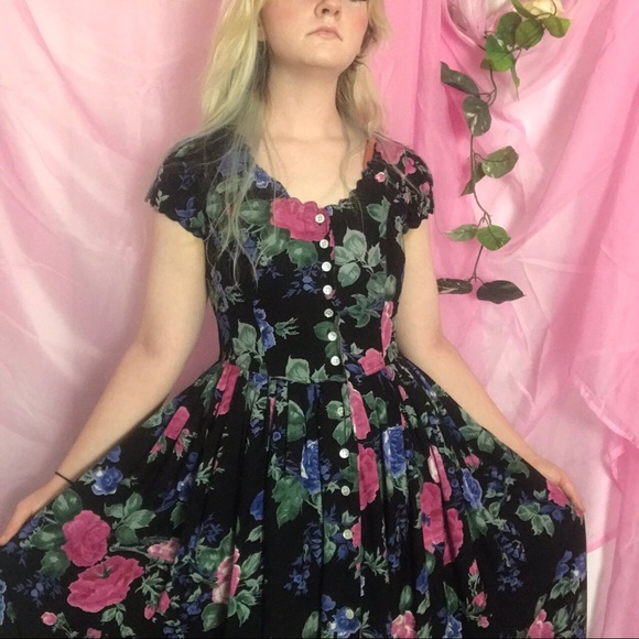 Vintage 80s floral black dress - Picture 1 of 3